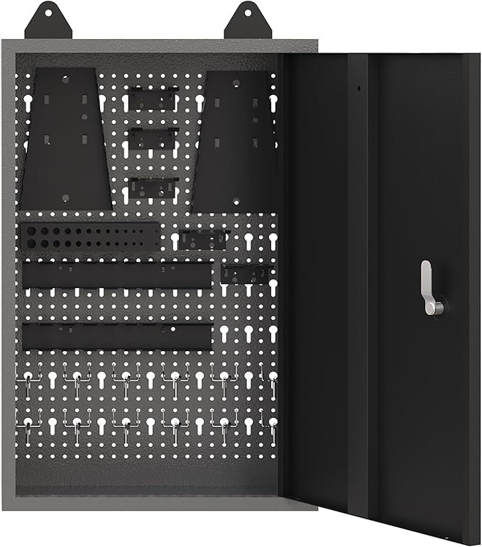 JZD Metal Storage Wall Mounted Lockable Cabinet with 22 Tool Hooks, for Garage Basement Workshop, Black & Gray