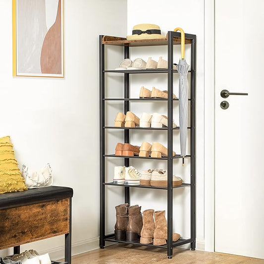 HOOBRO 8-Tier Shoe Rack, 20.5" L Shoe Storage Organizer, Narrow Shoe Shelf, Saving Space, Stable and Sturdy, Hold 14-16 Pairs of Shoes, for Entryway, Hallway, Living Room, Rustic Brown BF48XJ01