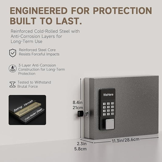 WeHere 16-Key Key Lock Box Wall Mount – Smart Key Cabinet with App, Keypad, Bluetooth & WiFi Unlock (Sold Separately), Key Organizer for Home, Access Log Tracking Key Management for Small Office