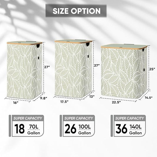 BALEINE Laundry Hamper with Lid, Tall Laundry Baskets with Bamboo Pull Handles, Large Laundry Bin with Internal Support (26 Gal/100L, Antique Foliage)