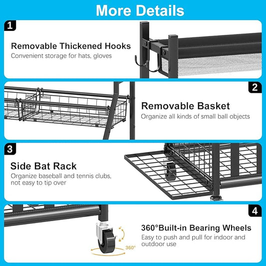 Garage Sports Equipment Organizer,Sports Ball Organizer with Wheels,Basket,Ball Organizer with Baseball Bat Rack and HooksToy Storage Rolling Cart-Black