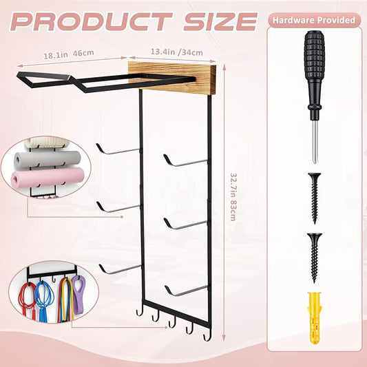 Geelin Yoga Mat and Ball Holder Wall Mount, 4 Tiers Yoga Mats and Ball Storage Rack, Home Gym Accessories Organizer, Black Metal Floating Shelf & 5 Hooks for Hanging Foam Rollers and Resistance Bands