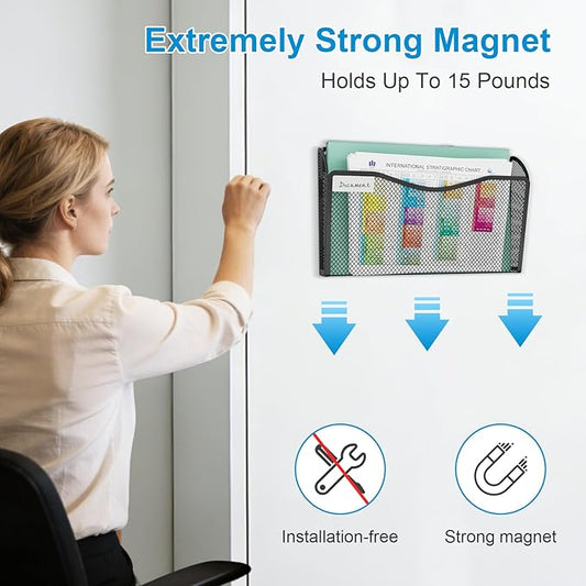 Magnetic Wall File Holder 3-Pack - Mesh Organizer with Strong Magnets for Office, Home & School - Space Saving Black Document Organizer
