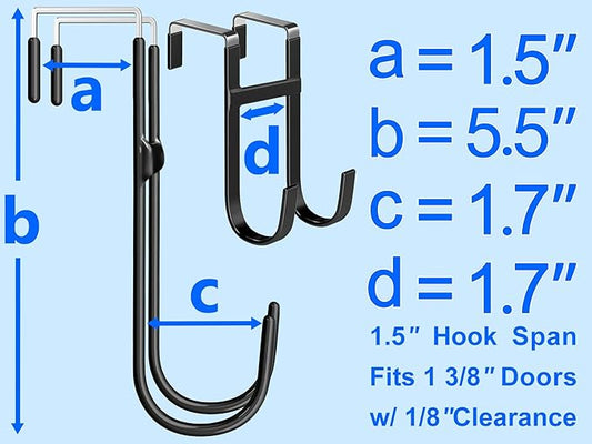 Over the Door Twin Metal Hooks with Plastic Coating 5.5" Fit 0.5" to 1 3/8" Door 2 Sets Heavy Duty Towel Robe Rack Wreath Bathroom Shower Hanger Shoe Organizer Ironing Board Short Black