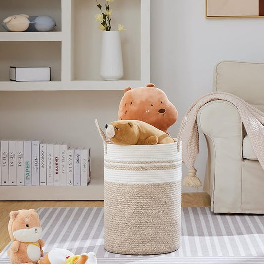 VIPOSCO Large Laundry Hamper, Tall Woven Rope Storage Basket for Blanket, Toys, Dirty Clothes in Living Room, Bathroom, Bedroom - 58L Brown & White