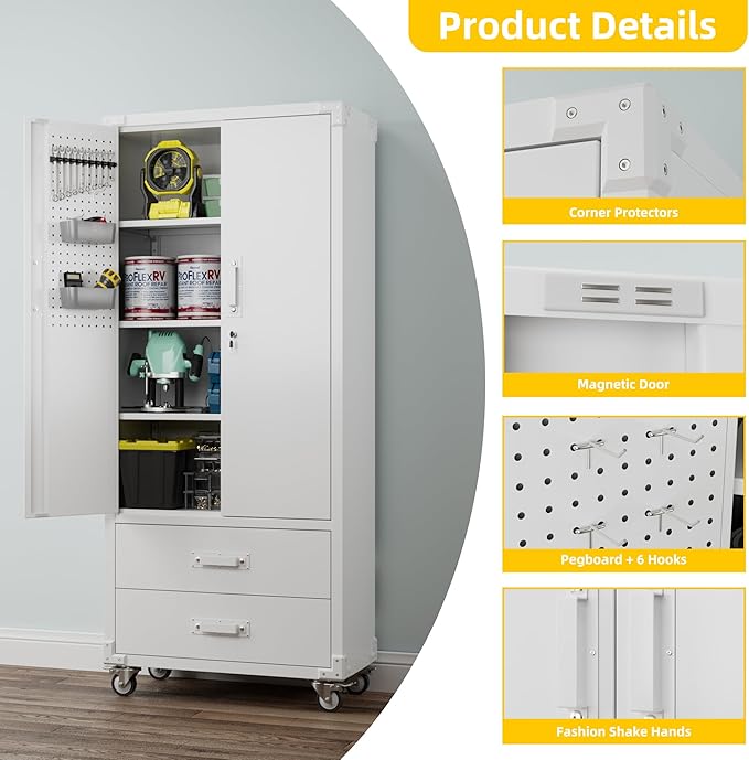 Garage Storage Cabinet with 2 Drawers and Pegboard, Metal Storage Cabinet with 2 Lockable Doors for Garage Home Warehouse,Required Assembly,White,71.2" H*15.2" D*30" W