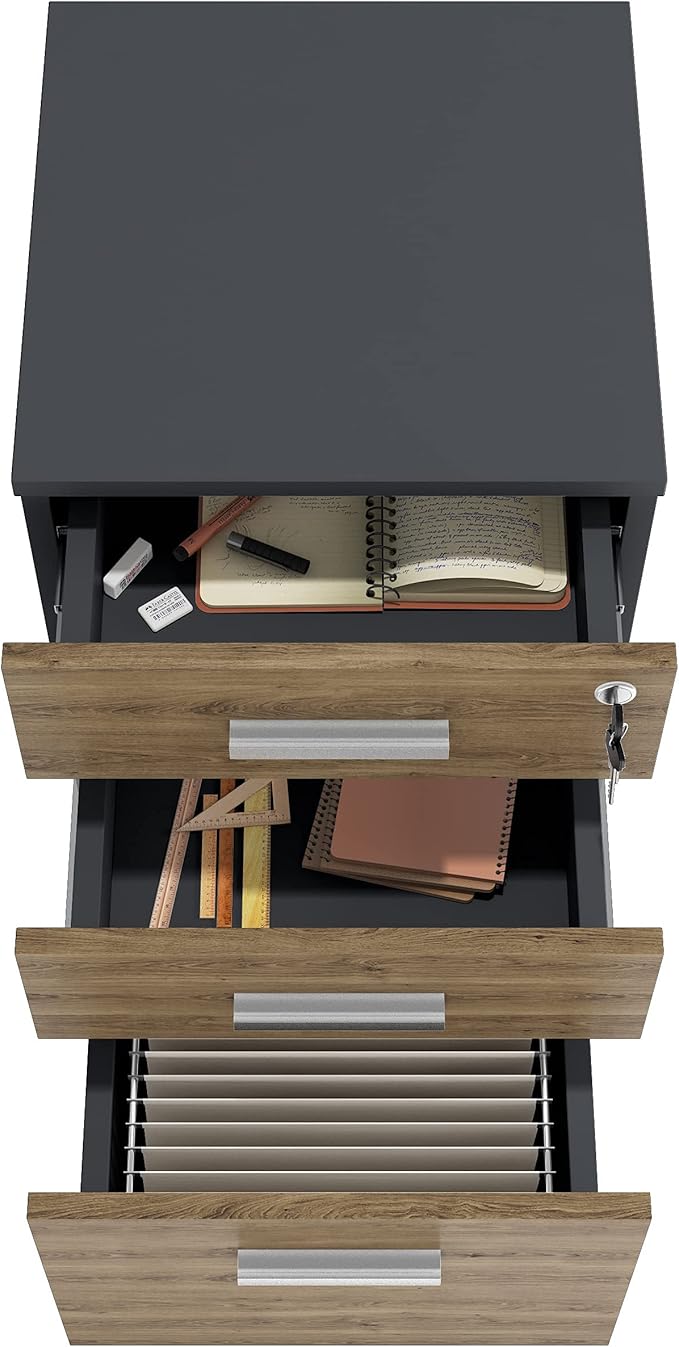Modern Design Lazio File Cabinet, Filing Cabinets for Home Office, Drawers for Under Desk, Locking 3 Drawer Rolling Wood Filing Cabinet with Lock, Walnut and Black, by Crafts and Comfort