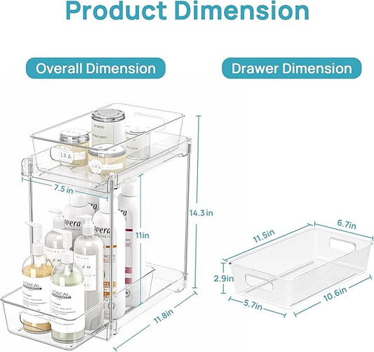 Vtopmart 4 Pack Higher Bathroom Organizer, 2 Tier White Under Sink Organizers Vanity Countertop Storage Container,Cabinet Drawers Bins, Pull-Out Organization with Track for Pantry, Kitchen
