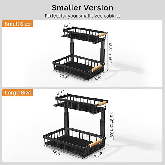 PXRACK Under Sink Organizer, Adjustable Height, 2-Pack 2 Tier Pull Out Under Cabinet Organizer, Slide Out Thickened Metal Under Sink Storage for Kitchen Bathroom Laundry Pantry Cabinet, S, Black