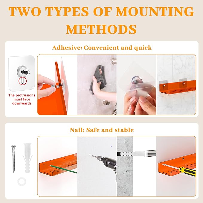 2 Pack Floating Shelves– 15'' Orange Acrylic/PET Wall-Mounted No Drill Storage with Adhesive, Bathroom & Bedroom Shelving for Kitchen, Living Room, Home Decor
