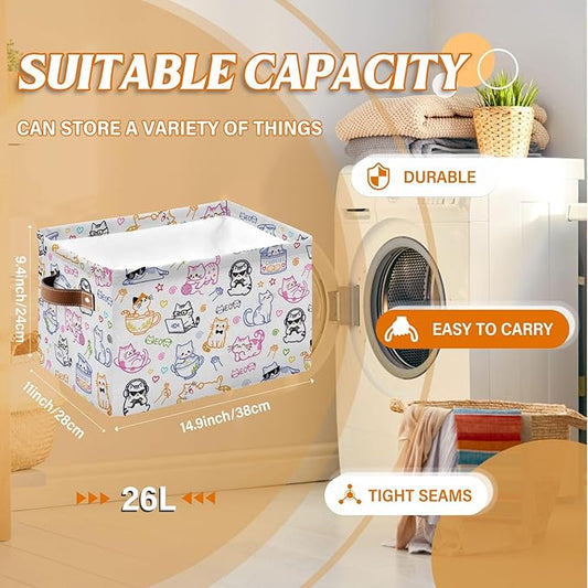 Rectangle Cat Storage Basket, Collapsible Storage Box Bin with Handles for Toy, Cat Laundry Hamper for Friend, Laundry Organizer for Room Nursery, Gifts for Chritsmas Thanksgiving 14.9x11x9.4in