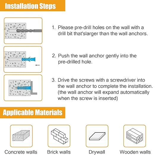 KURUI 270Pcs Wall Anchors Kit for Home Improvement and Decor, Replace Picture Hanging Nails with Drywall Anchors for Frame Canvas, Picture Hangers and Screws Assortment Kit, Concrete & Dry Wall