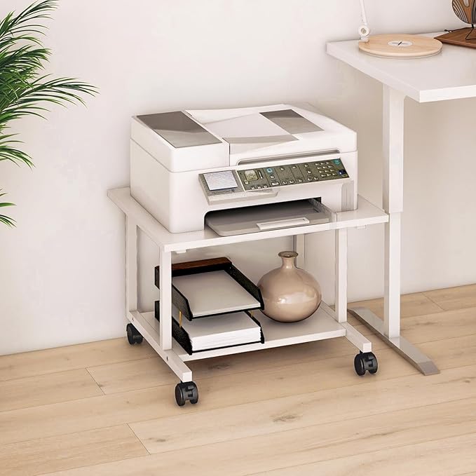 Livofloral Under Desk Printer Stand, 20.5 x 15.7 Inches Printer Table for Home Office, Printer Cart with Wheels and Storage Shelf, Rolling Industrial Printers Cart, White