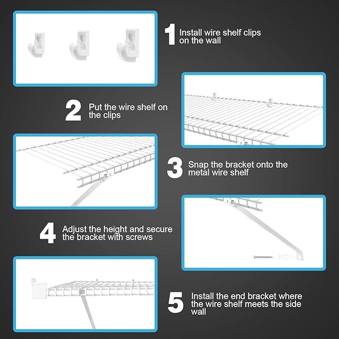12 Inch Wire Shelf Brackets Set, 3PCS Closet Shelf Brackets with 6 Wire Shelf Clips, 2 End Brackets and Screws, Metal Support Bracket for Wire Closet Shelving, Heavy Duty