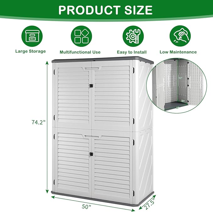 VINGLI Outdoor Storage Shed, Resin Storage Cabinet with Lockable Design, Weatherproof Tool Shed with HDPE Material, Resin Deck Box for Garden Tools, Pool Equipment, Garbage Cans, White (59 Cu.ft)
