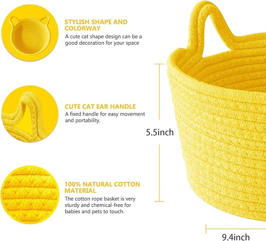 Woven Rope Basket with Cat Ears, Yellow, Round, 9.4 in