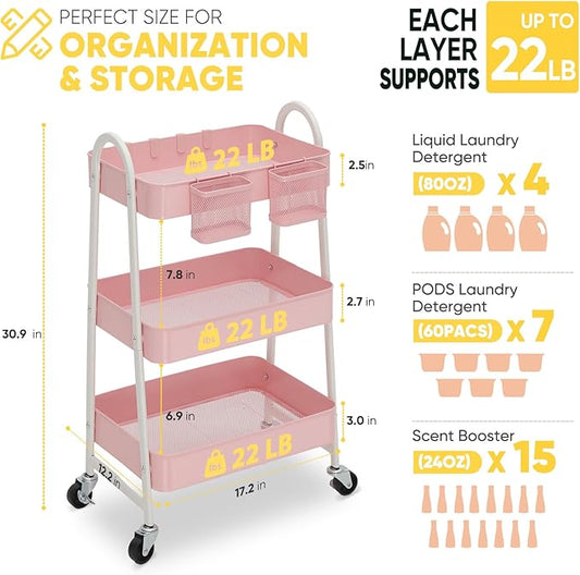 Sekey 3 Tier Rolling Cart, Hanging Cups, Hooks, Heavy Duty Mesh Rolling Storage Cart Organizer with 2 Lockable Wheels for Bathroom, Kitchen, Office, Craft, Makeup, Baby Essentials, Pink