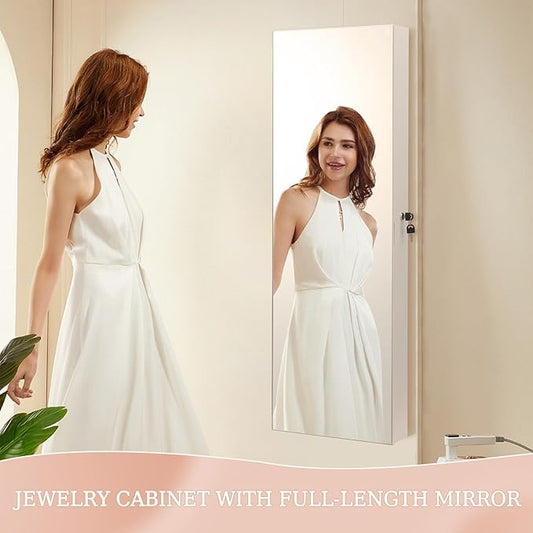 Mirror Jewelry Cabinet,Lockable Wall or Door Mounted Jewelry Armoire Organizer With Built-up Mirror,LED Lights, Drawers,Cosmetic Trays,Shelves, 14.4"x3.15"x 43.1"(White)