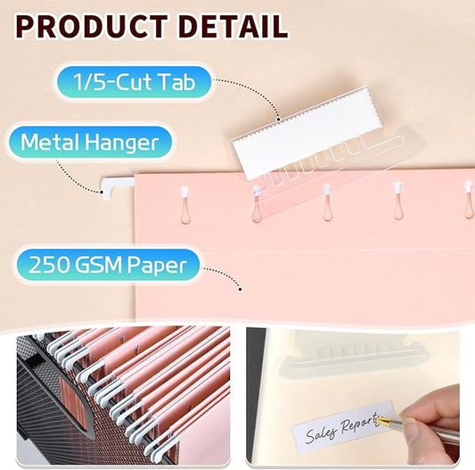 25-Pack Pink Hanging File Folders, Letter Size with 1/5-Cut Tabs, 35 Transparent Label Cards & 50 Sticker Labelsfor Home & Office Organization