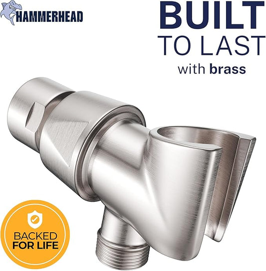 HammerHead Showers® Solid Metal Handheld Shower Head Holder - Brushed Nickel - Adjustable Shower Wand Holder with Universal Wall Hook Bracket and Brass Pivot Ball - Hand Held Shower Head Holder