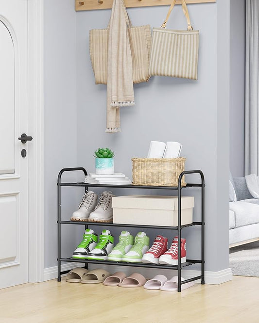 Kitsure Shoe Rack - Stainless Steel Shoe Organizer, Sturdy Shoe Rack for Closet and Front Door Entrance, Free Standing Shoe Shelf, Closet Organizers and Storage, 25.6" Wide - 3 Tier, Black