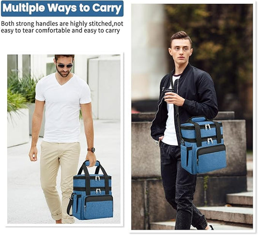 Insulated Lunch Bag & Lunch Box for Men - Double Deck Reusable Lunch Bag for Women Tote Cooler Bag Leakproof Soft Expandable - Extra Large Lunchbox for Work/Adult/Picnic/Outdoor (Blue,22L)