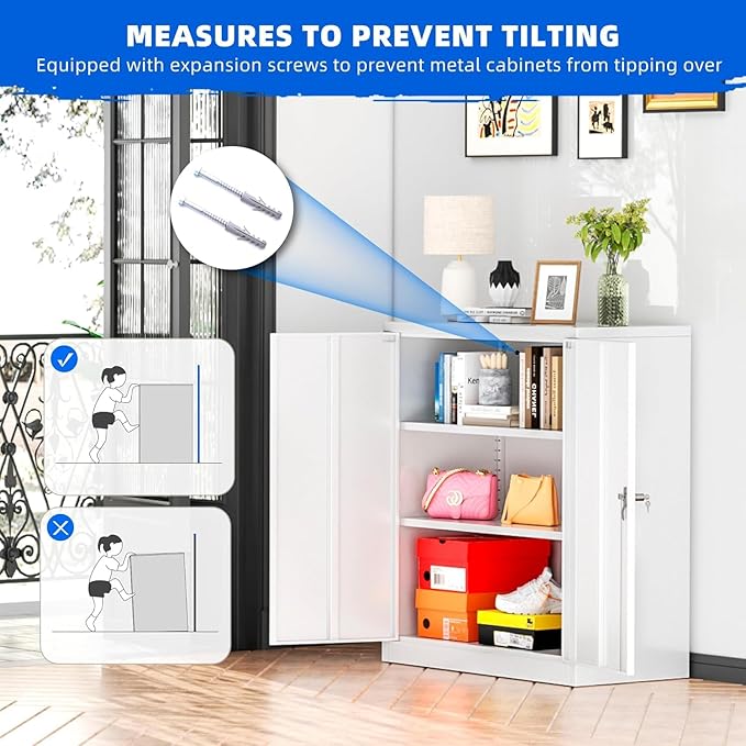 INTERGREAT Metal Garage Storage Cabinet, 36" Locking Counter Cabinet with 2 Locking Doors and 2 Adjustable Shelves, Small Steel Cabinet for for Home Office, Gym, School(White)