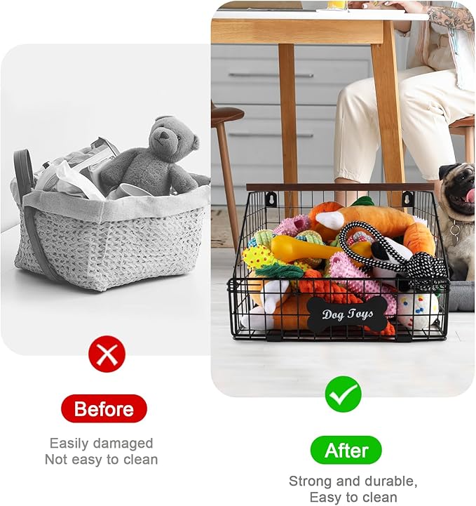 Metal Dog Toy Basket (11.8"x12"x8"),Dog Storage Organizer,Trapezoid Dog Toy Bin for Dog Accessories,Pet Stuff Storage Rack with Wood Shelf-Sturdy and Easy to Assemble
