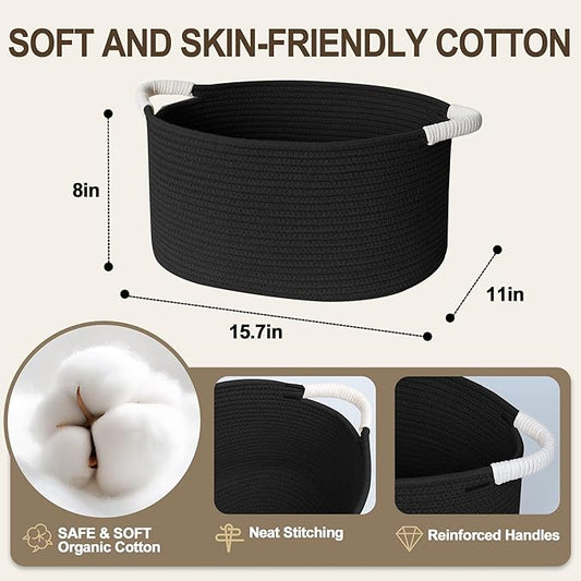 Woven Dog Toy Basket, 15.7"x11"x8" Cotton Rope Dog Toy Bin Box for Living Room, Decorative Cat Pet Supplies Puppy Bin with Handles, Soft Cat Toy Basket Organizer, Wicker Storage Holder, Black
