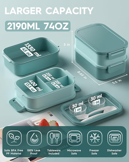 Adults Bento Lunch Box Set with Thermo Bag, 74oz Stackable Leak-proof 3-tiers Bento Box, Built-in Utensil and Sauce Container for Work, School, Dining Out (Green)