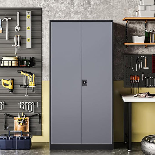 Metal Storage Cabinet with 2 Doors and 4 Adjustable Shelves, 71" Steel Garage Storage Cabinet, Locking Tool Cabinets for Office, Home,School,Kitchen,Garage Tool Utility Cabinet Black Grey