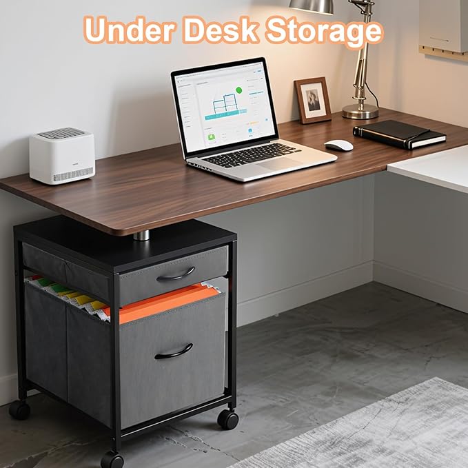 Rolling Mobile File Cabinet Cart with 2 Fabric Drawers A4 Letter Size Beside, Vertical Filing Cabinet on Lockable Wheels, Mobile Printer Stand Storage Under Desk for Home Office(Gray)