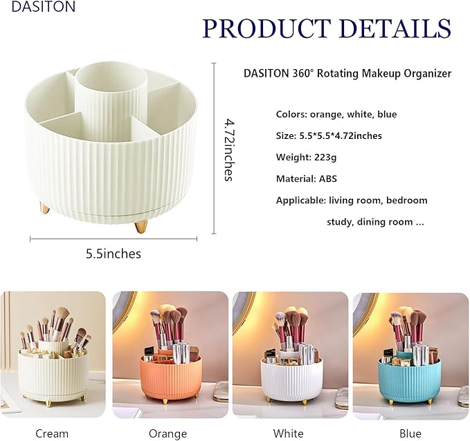 DASITON Large Capacity Makeup Brush Holder,360° Rotating Makeup Organizer,5 Slot Makeup Brushes Cup,for Vanity Decor,Bathroom Countertops,Desk Storage Container,Cosmetic Display cases(White)