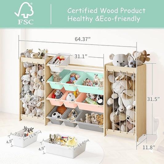 Large Toy Storage Organizer, Wooden Stuffed Animal Storage & 12-Bins Toy Organizer, Double-Sided Plush Toy Holder Featuring Thicker Ropes, Space Save Playroom Bedroom Nursery Storage, Multi
