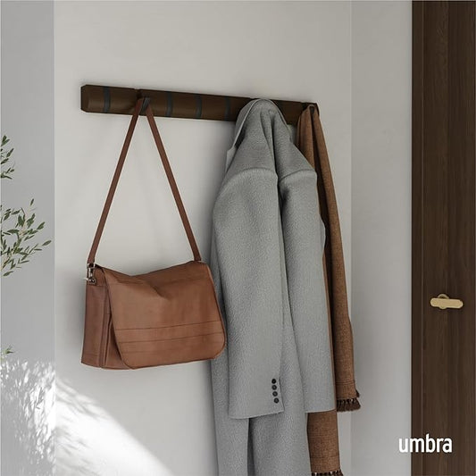 Umbra Flip Wall-Mounted Coat Rack with 8 Hooks – Modern, Space-Saving Storage for Hats, Jackets, Bags, Entryway, Mudroom, Closet, Bathroom, Bedroom – Black/Walnut