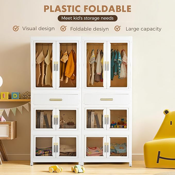 YHB Portable Storage Closet Cabinet, Easy Assembly Wardrobe Organizer with Visualization Doors, Drawers, Hanging Rods, Rolling Wheels for Pet Dog Clothes, Toys, etc for Thanksgiving & Christmas Day