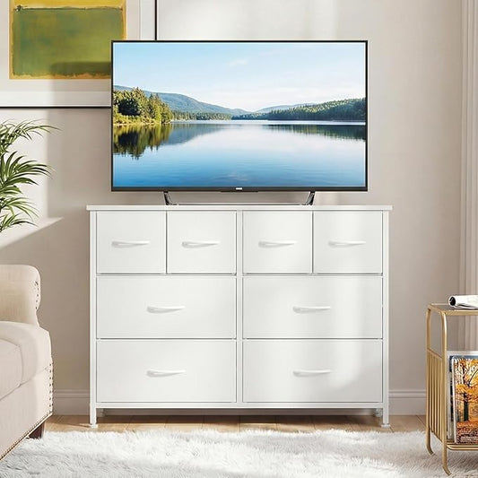 DUMOS TV Stand, Dresser with 8 Fabric Drawers, Spacious Storage Tower for Closet, TV Stand with Wood Top and Mental Frame, Storage Unit for Living Rooms, Bedroom and Entryway, White