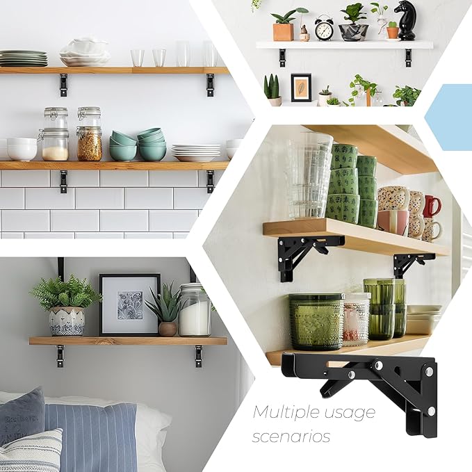 Home Expert 6 Inch Folding Shelf Brackets, 4 Pack (2 Pairs) Heavy Duty Metal Collapsible Wall-Mounted Brackets, Space-Saving DIY Foldable Shelf for Benches and Tables, Matte Black