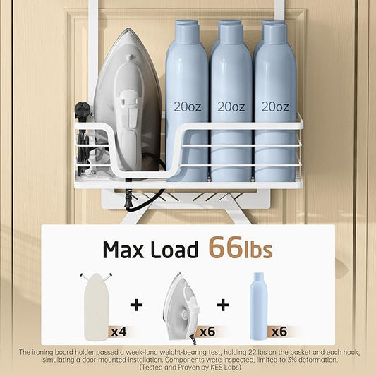 KES Over The Door Ironing Board Holder, Ironing Board Hanger Over Door Organizer with Storage Shelf Y and T Shaped Fits for 1 3/8 Doors White, HIR501A-WH