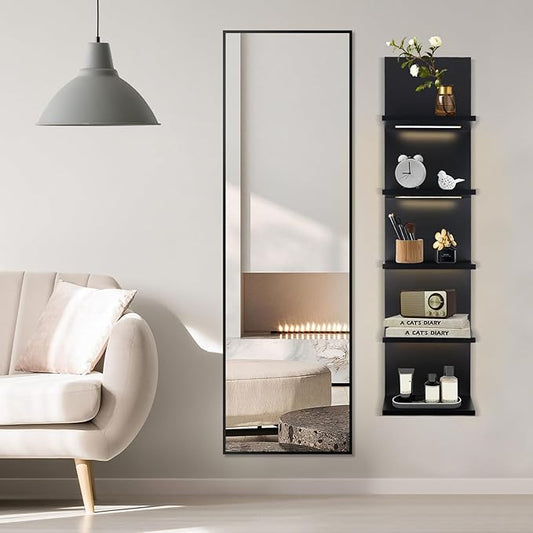 5 Tier Wall Shelf Unit, Black Shelves,Lack Shelf, Wall Shelves for Bedroom,Office,Bathroom, Vanity Shelves with LED Remote Control Light