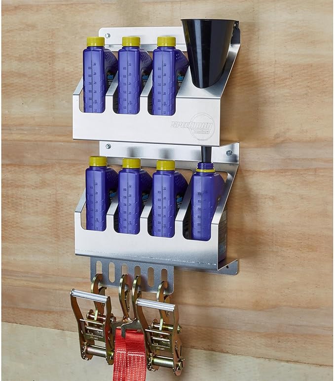 Speedway Motors 12 Quart Oil Storage Shelf Aluminum Rack for Garage or Trailer Holds Quart Bottles and Funnel Lightweight Mount Anywhere Shop Organization