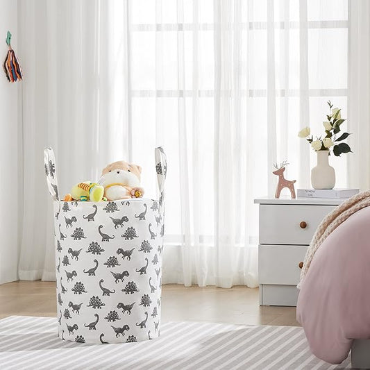 Large Storage Basket for Girls and Boys, Collapsible Laundry Hamper with Long Handles, Toy Bins for Nursery, Kids Room Décor (Grey Dinosaur)