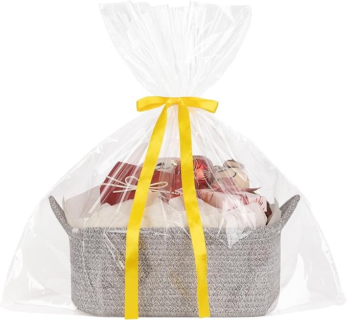 Basket for Gifts Empty, Woven Storage Basket with Gift Bag, Ribbon and Wrap Tissue Paper, Small Rope Toy Storage with Handles for Baby Shower, Dog Toy Organizer, 13.6" x 10" x 5.9”, Gray