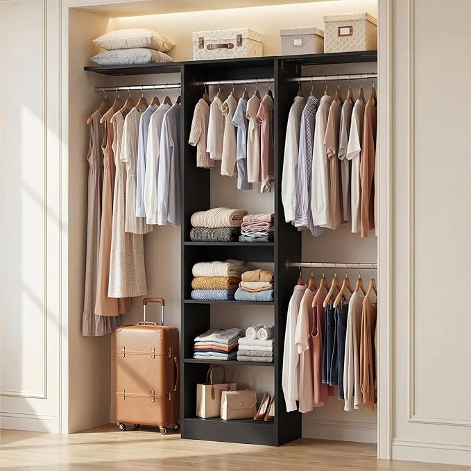 Cyclysio 4FT Small Closet System, 80"H Closet Organizer System with 4 Closets Rods & 3 Shelves, 48" Closets Organizers and Storage for Small Bedrooms, Laundry Rooms, Cloakrooms, Black
