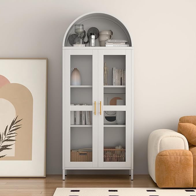 72.83" H Metal Arch Display Bookcase Cabinet, with Glass Doors and 2 Adjustable Shelves, Kitchen Pantry Cabinet for Home, Office,Assembly Required, White