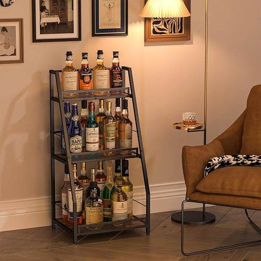 3-Tier Liquor Stand for Home Bar, Stepped Wine Rack Freestanding Floor for Liquor Whiskey Wine, Versatile Corner Wine Bottle Display Stand with Fences, Vintage Brown, Safe Height for Kids & Pets