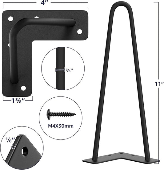 SMARTSTANDARD 11 Inch Heavy Duty Hairpin Furniture Legs, Metal Home DIY Projects for TV Stand, Sofa, Dresser with Rubber Floor Protectors Black 4PCS