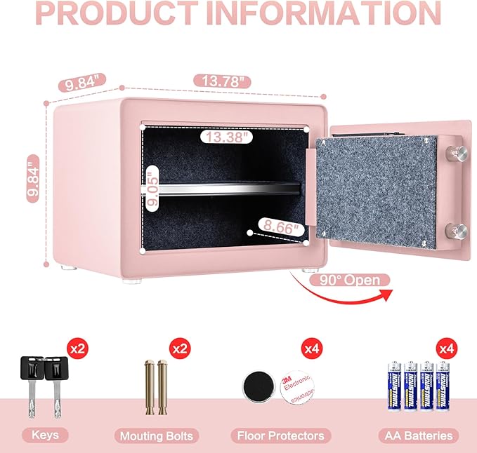 Safe for Home, 1.0 Cubic Feet Small Safe with Removable Shelf, Alarm System, Digital Electronic Security Money Box for Cash, Document, Home, Office, Hotel Use, Pink, 9.84"D x 13.78"W x 9.84"H