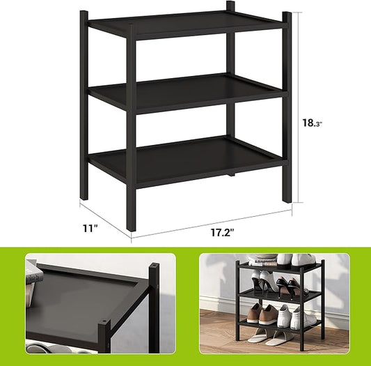 BMOSU 3-Tier Bamboo Small Shoe Rack Premium Stackable Shoe Shelf Storage Organizer for Hallway Closet Living Room Entryway Organizer(Black)
