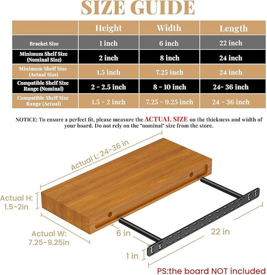 2pcs Floating Shelf Bracket Heavy Duty,Decorative Floating Shelf Hardware Hidden Black Metal Fireplace Mantel Brackets (22"X6"X1.0" with Tools)